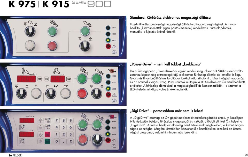 Power-Drive nem kell többet kurbliznia Ha a fűrészgépét a Power-Drive -al együtt rendeli meg, akkor a K 900-as szériaváltozatához képest még extrakategóriájú elektromos fűrészlap döntést és -emelést