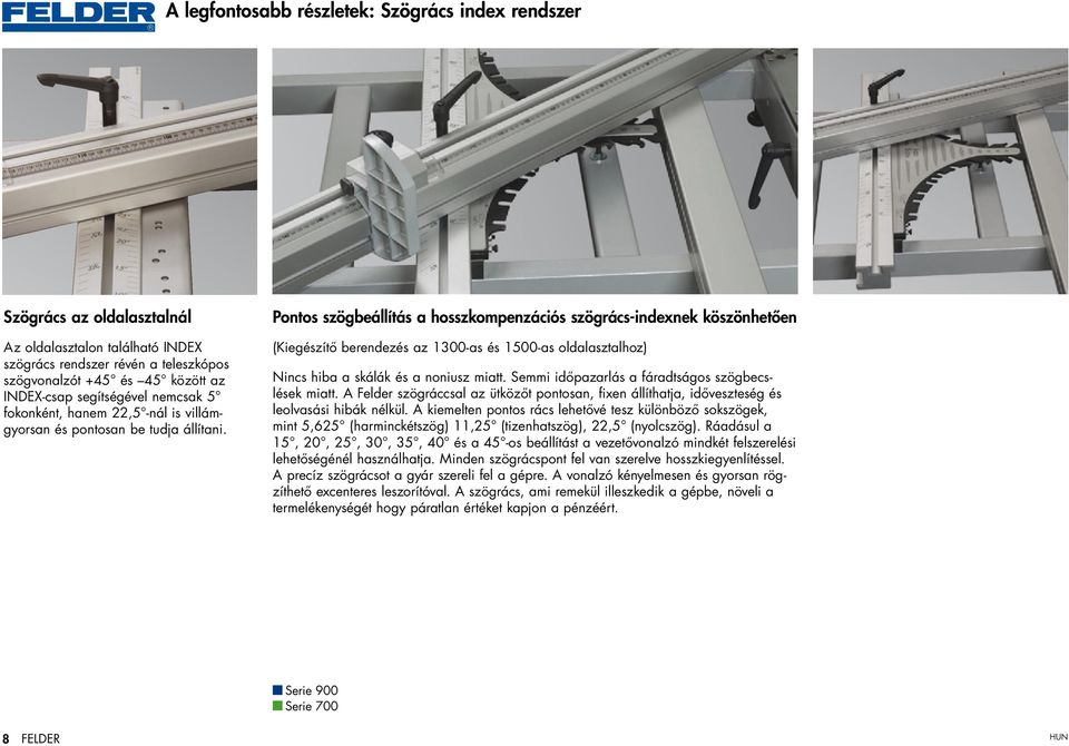 Pontos szögbeállítás a hosszkompenzációs szögrács-indexnek köszönhetően ( Kiegészítő berendezés az 1300-as és 1500-as oldalasztalhoz ) Nincs hiba a skálák és a noniusz miatt.