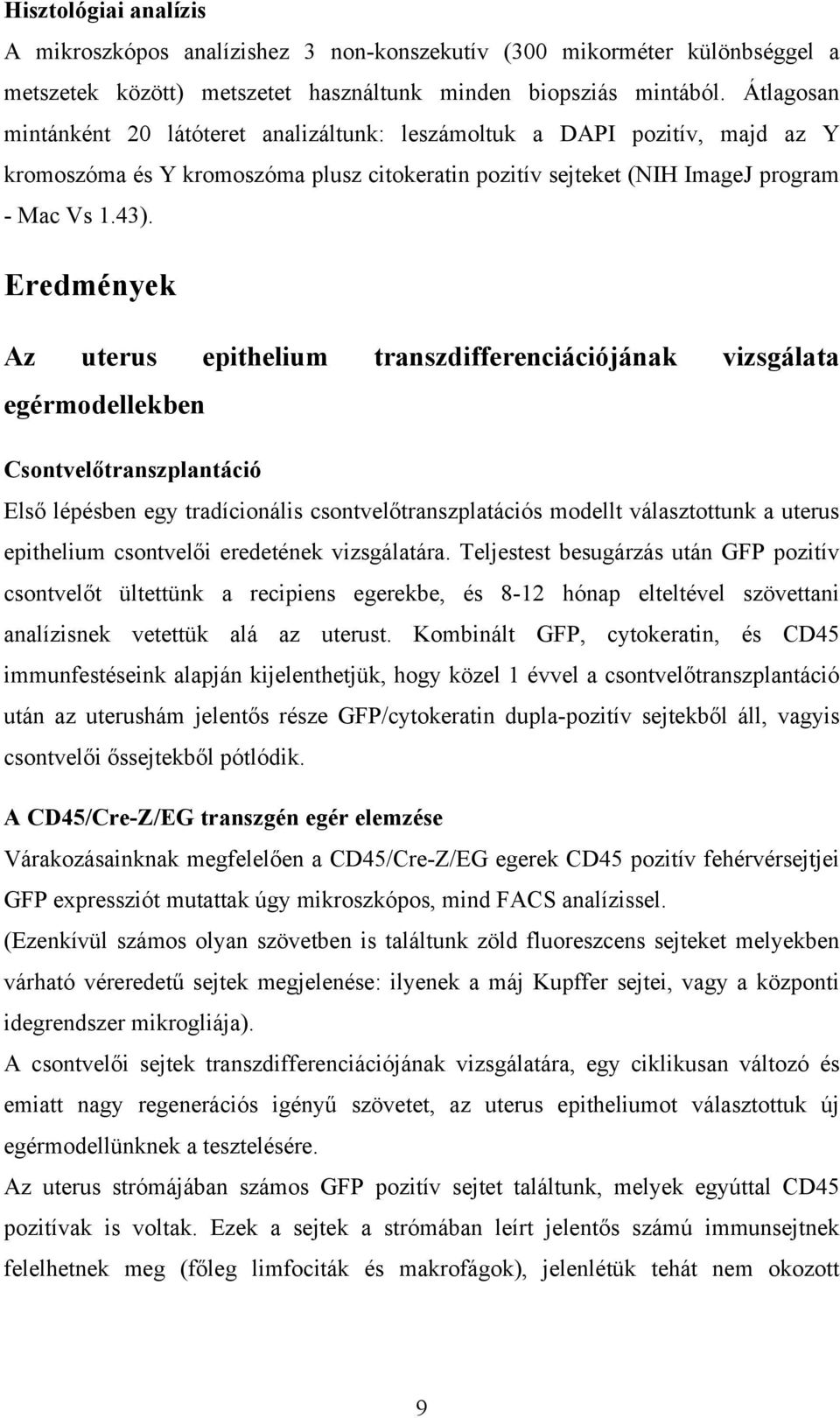 Eredmények Az uterus epithelium transzdifferenciációjának vizsgálata egérmodellekben Csontvelőtranszplantáció Első lépésben egy tradícionális csontvelőtranszplatációs modellt választottunk a uterus