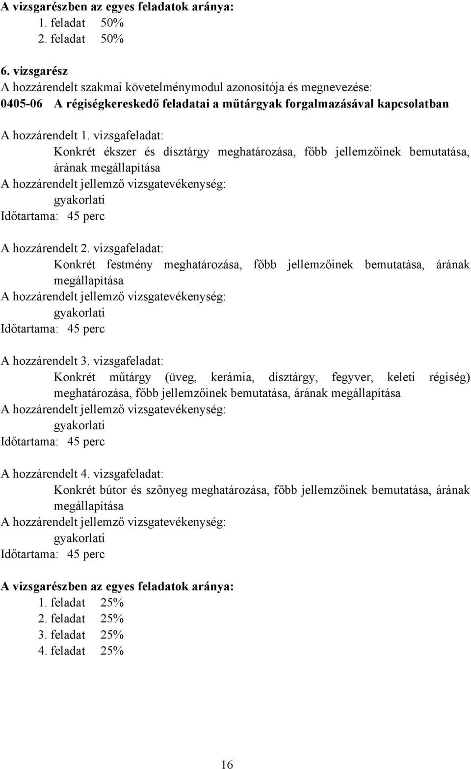 vizsgafeladat: Konkrét ékszer és dísztárgy meghatározása, főbb jellemzőinek bemutatása, árának megállapítása gyakorlati Időtartama: 45 perc A hozzárendelt 2.