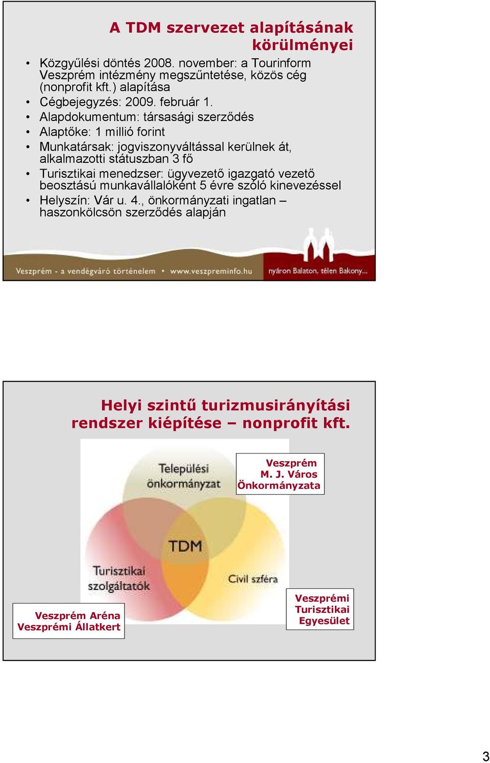 Alapdokumentum: társasági szerzıdés Alaptıke: 1 millió forint Munkatársak: jogviszonyváltással kerülnek át, alkalmazotti státuszban 3 fı Turisztikai menedzser: