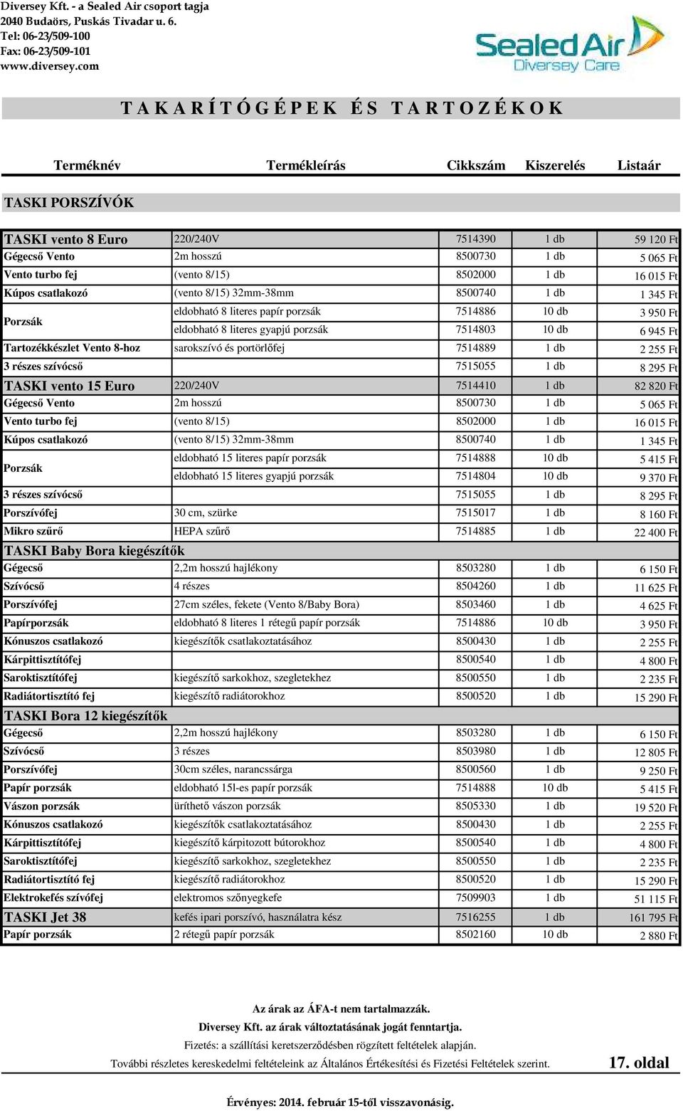 Porszívófej Mikro szőrı (vento 8/15) 32mm-38mm 8500740 eldobható 8 literes papír porzsák 7514886 eldobható 8 literes gyapjú porzsák 7514803 sarokszívó és portörlıfej 7514889 7515055 10 db 10 db