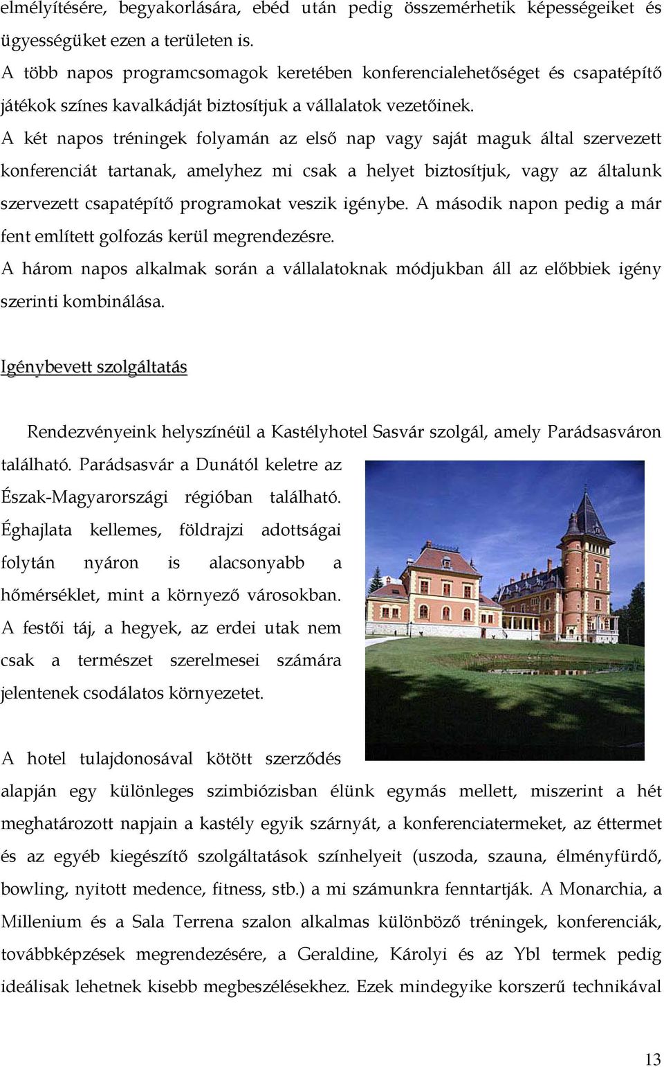 A két napos tréningek folyamán az első nap vagy saját maguk által szervezett konferenciát tartanak, amelyhez mi csak a helyet biztosítjuk, vagy az általunk szervezett csapatépítő programokat veszik