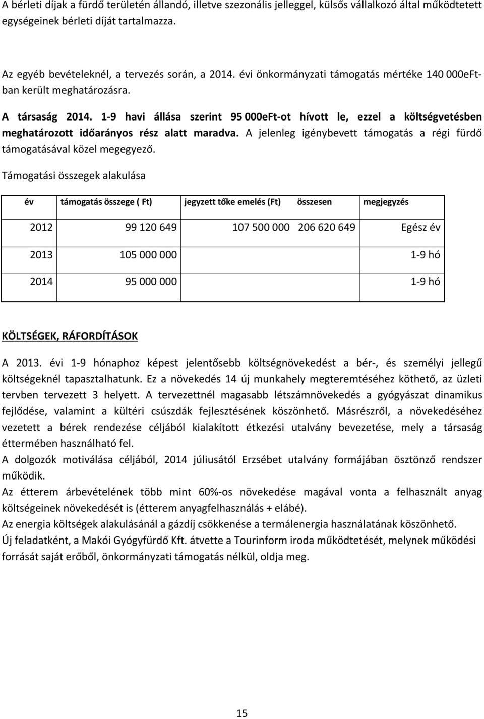 1-9 havi állása szerint 95 000eFt-ot hívott le, ezzel a költségvetésben meghatározott időarányos rész alatt maradva. A jelenleg igénybevett támogatás a régi fürdő támogatásával közel megegyező.