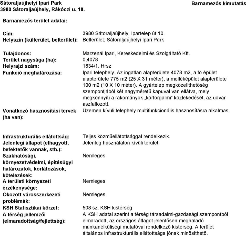 Az ingatlan alapterülete 4078 m2, a fő épület alapterülete 775 m2 (25 X 31 méter), a melléképület alapterülete 100 m2 (10 X 10 méter).