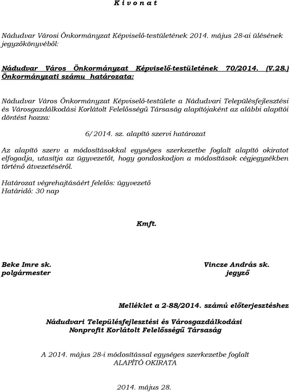 ) Önkormányzati számu határozata: Nádudvar Város Önkormányzat Képviselő-testülete a Nádudvari Településfejlesztési és Városgazdálkodási Korlátolt Felelősségű Társaság alapítójaként az alábbi alapítói