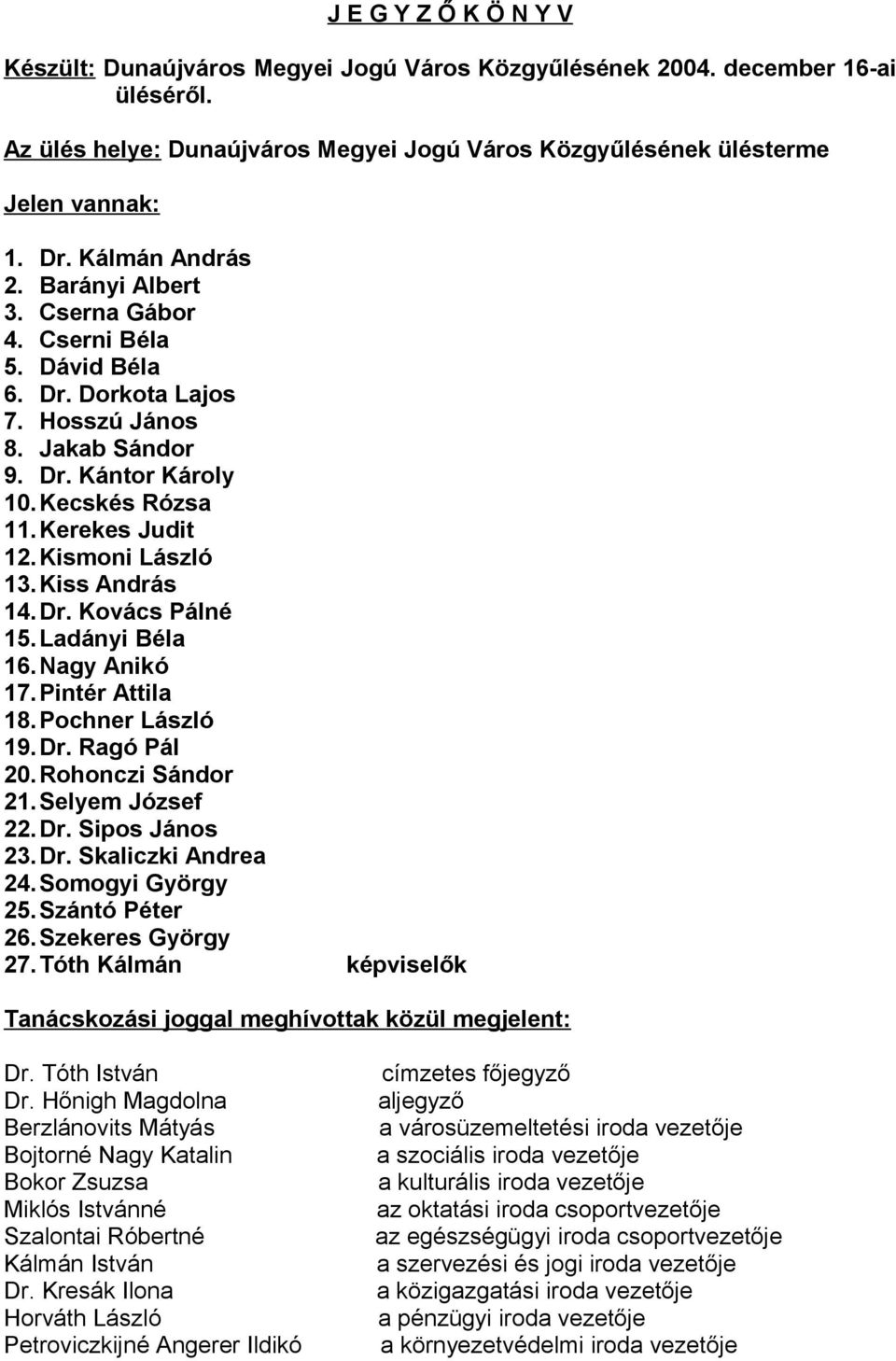 Kismoni László 13. Kiss András 14. Dr. Kovács Pálné 15. Ladányi Béla 16. Nagy Anikó 17. Pintér Attila 18. Pochner László 19.Dr. Ragó Pál 20. Rohonczi Sándor 21. Selyem József 22. Dr. Sipos János 23.