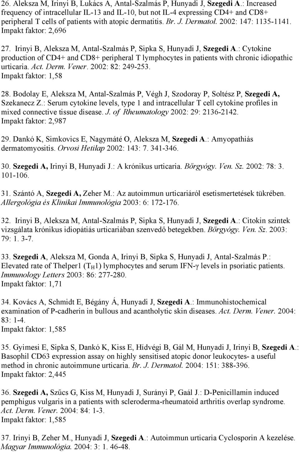 Impakt faktor: 2,696 27. Irinyi B, Aleksza M, Antal-Szalmás P, Sipka S, Hunyadi J, Szegedi A.