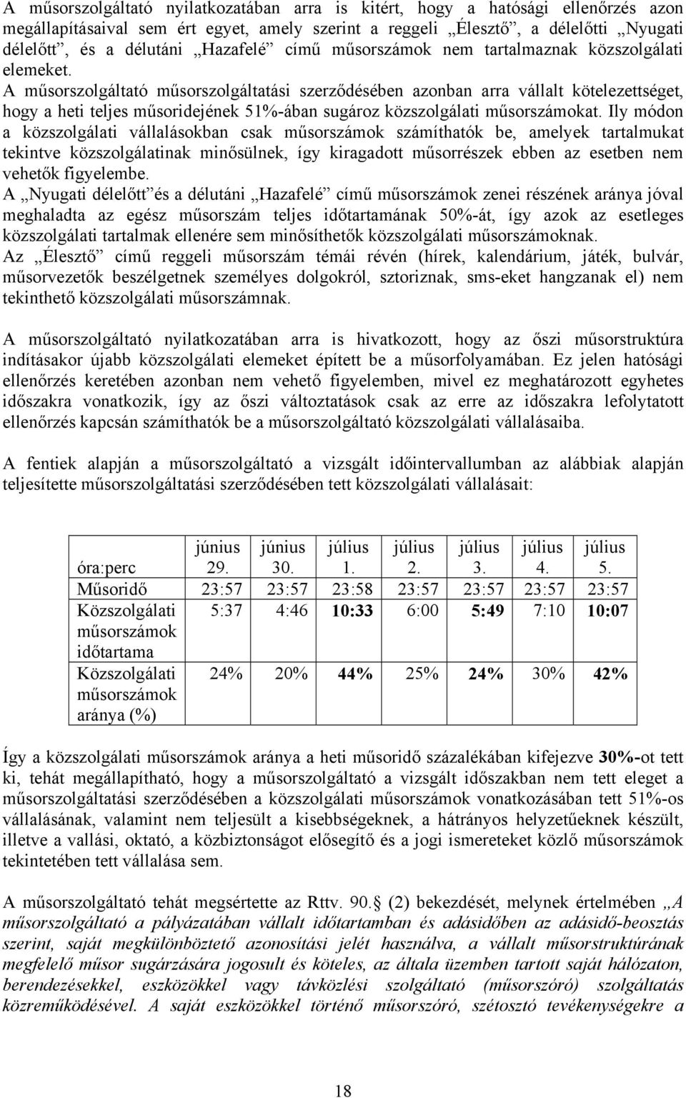 A műsorszolgáltató műsorszolgáltatási szerződésében azonban arra vállalt kötelezettséget, hogy a heti teljes műsoridejének 51%-ában sugároz közszolgálati műsorszámokat.