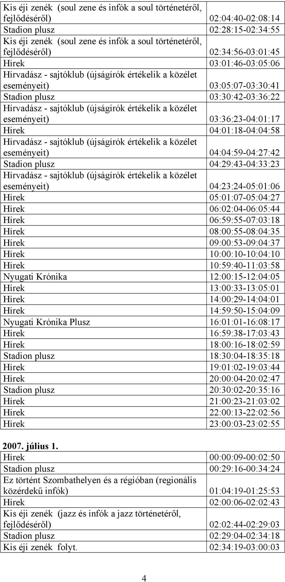 a közélet eseményeit) 03:36:23-04:01:17 Hírek 04:01:18-04:04:58 Hírvadász - sajtóklub (újságírók értékelik a közélet eseményeit) 04:04:59-04:27:42 Stadion plusz 04:29:43-04:33:23 Hírvadász -