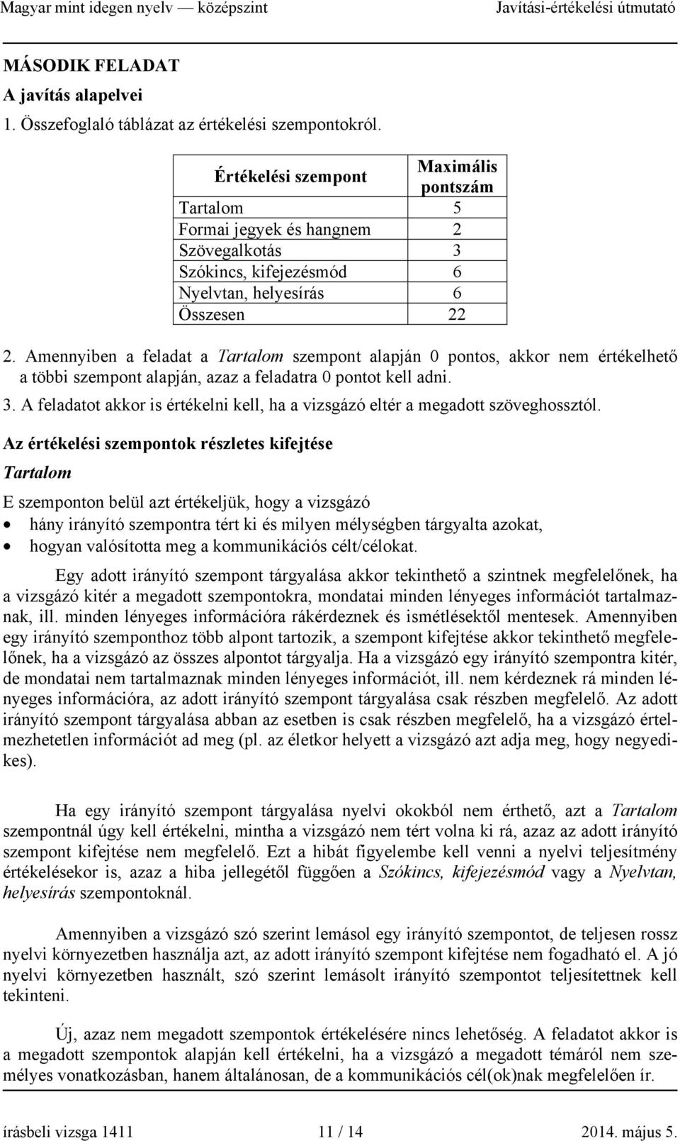 Amennyiben a feladat a Tartalom szempont alapján 0 pontos, akkor nem értékelhető a többi szempont alapján, azaz a feladatra 0 pontot kell adni. 3.