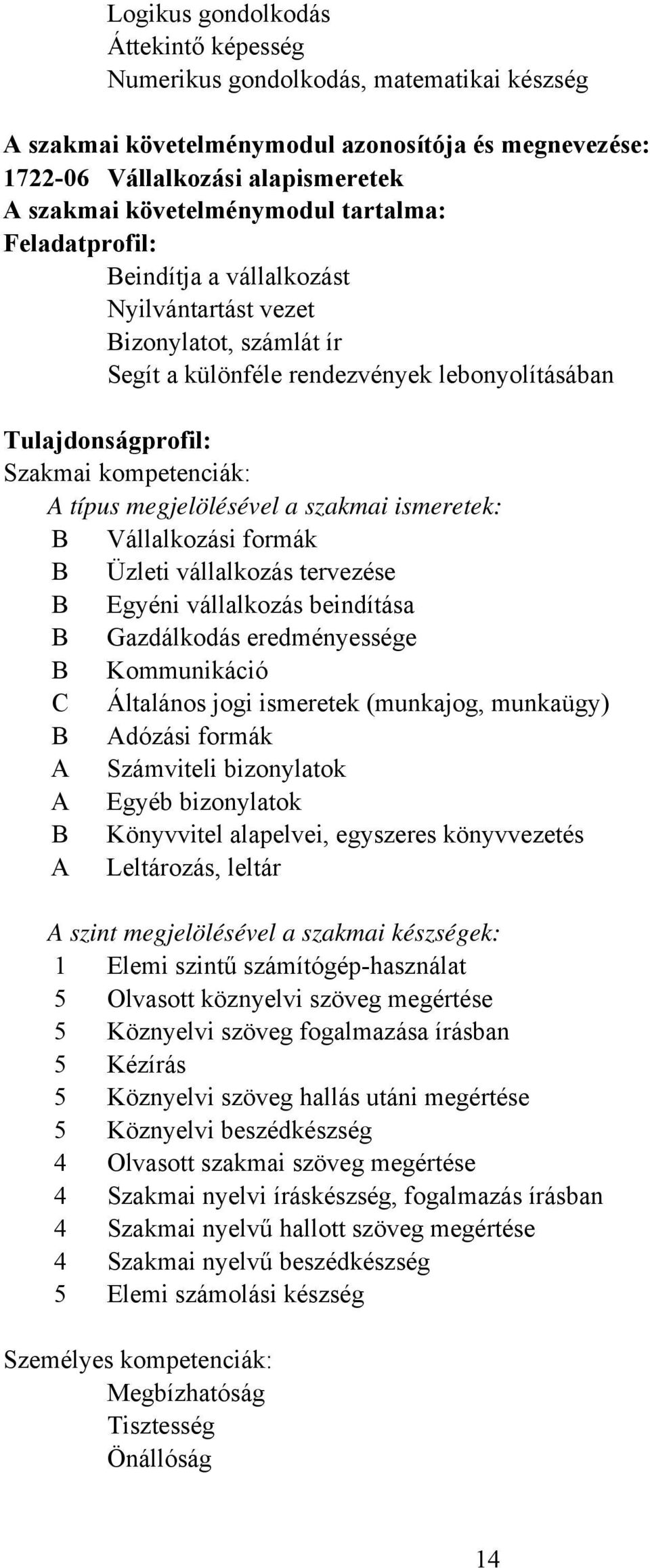 megjelölésével a szakmai ismeretek: B Vállalkozási formák B Üzleti vállalkozás tervezése B Egyéni vállalkozás beindítása B Gazdálkodás eredményessége B Kommunikáció C Általános jogi ismeretek