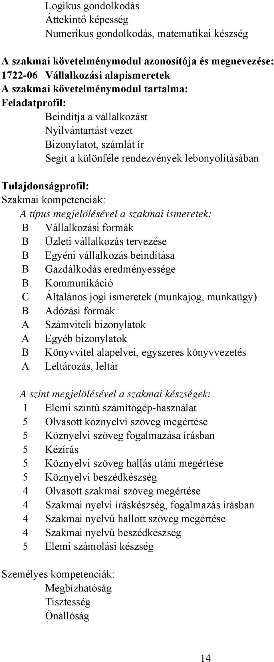 megjelölésével a szakmai ismeretek: B Vállalkozási formák B Üzleti vállalkozás tervezése B Egyéni vállalkozás beindítása B Gazdálkodás eredményessége B Kommunikáció C Általános jogi ismeretek