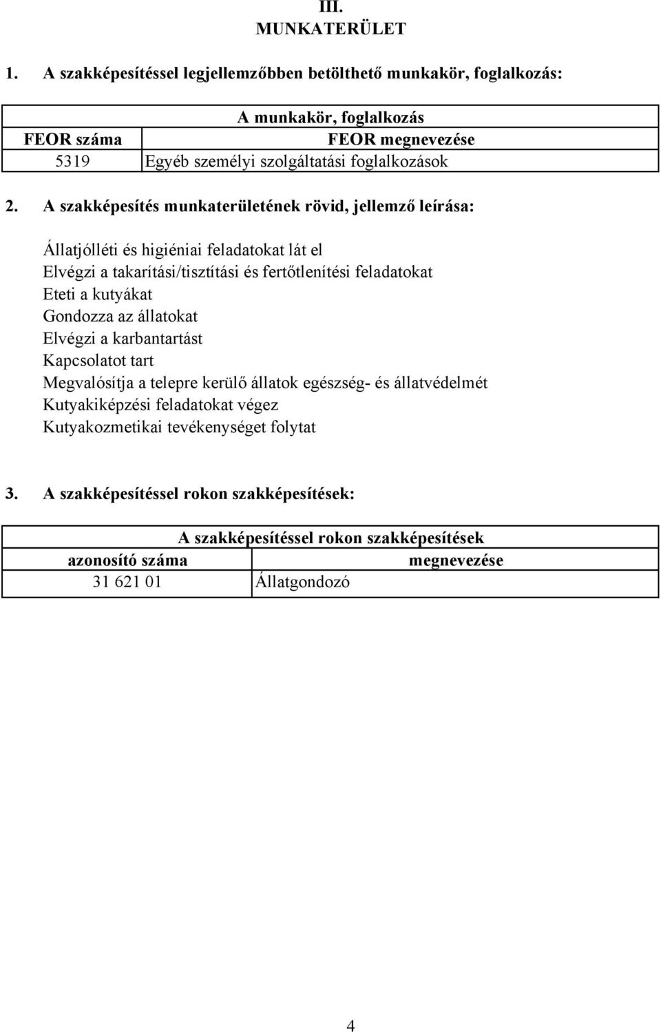 A szakképesítés munkaterületének rövid, jellemző leírása: Állatjólléti és higiéniai feladatokat lát el Elvégzi a takarítási/tisztítási és fertőtlenítési feladatokat Eteti a