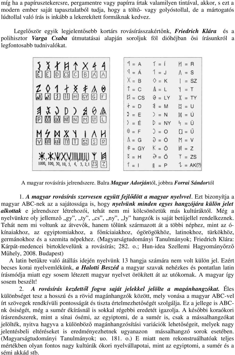 Legelıször egyik legjelentısebb kortárs rovásírásszakértınk, Friedrich Klára és a polihisztor Varga Csaba útmutatásai alapján soroljuk föl dióhéjban ısi írásunkról a legfontosabb tudnivalókat.