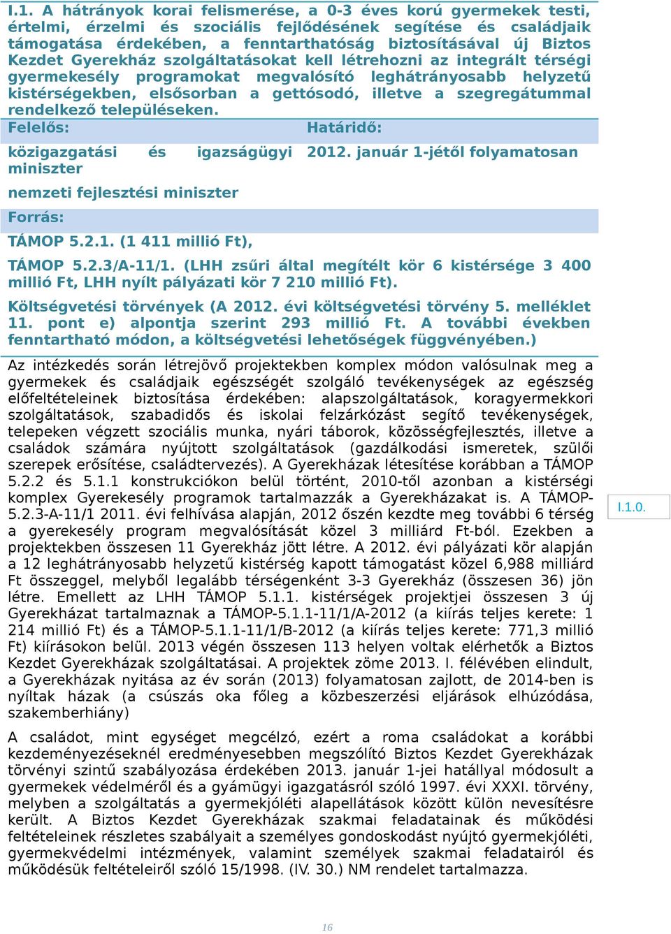 rendelkező településeken. Felelős: Határidő: közigazgatási miniszter és igazságügyi 2012. január 1-jétől folyamatosan nemzeti fejlesztési miniszter Forrás: ÁMOP 5.2.1. (1 411 millió Ft), ÁMOP 5.2.3/A-11/1.