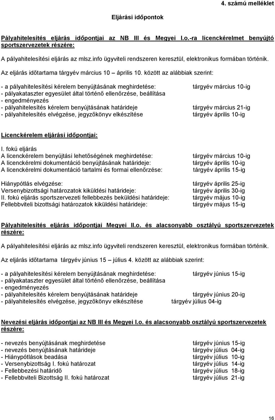 között az alábbiak szerint: - a pályahitelesítési kérelem benyújtásának meghirdetése: tárgyév március 10-ig - pályakataszter egyesület által történő ellenőrzése, beállítása - engedményezés -