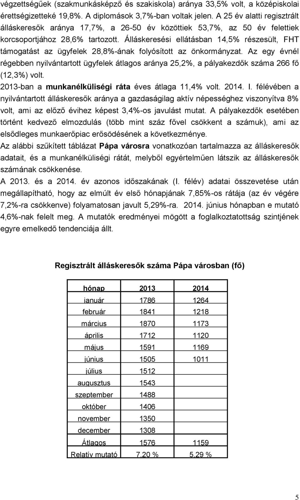 Álláskeresési ellátásban 14,5% részesült, FHT támogatást az ügyfelek 28,8%-ának folyósított az önkormányzat.