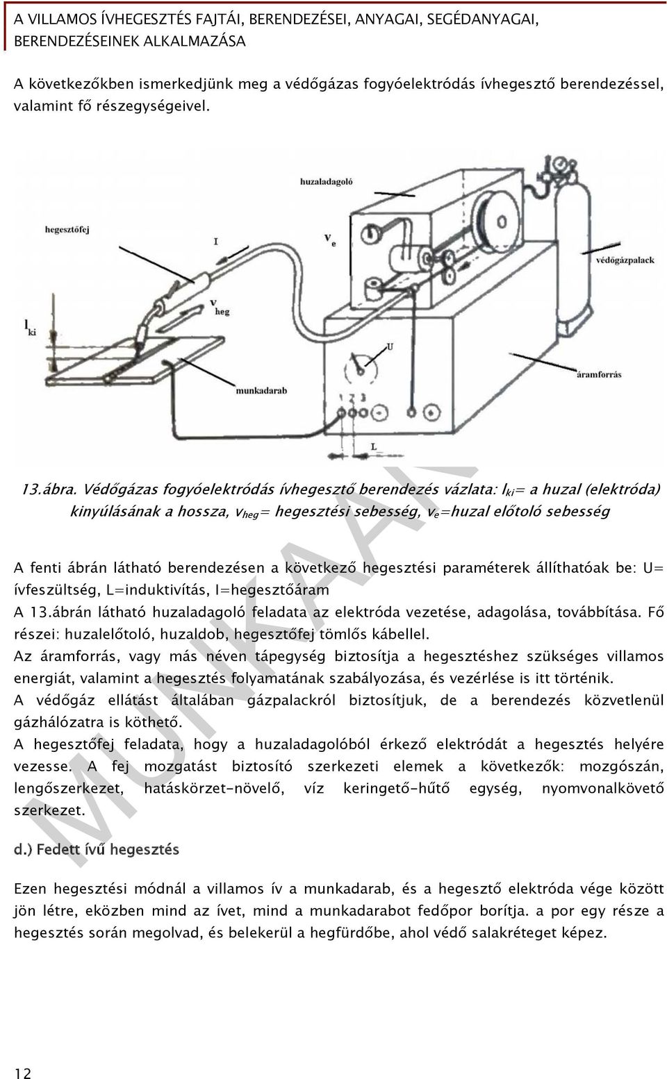 a következő hegesztési paraméterek állíthatóak be: U= ívfeszültség, L=induktivítás, I=hegesztőáram A 13.ábrán látható huzaladagoló feladata az elektróda vezetése, adagolása, továbbítása.