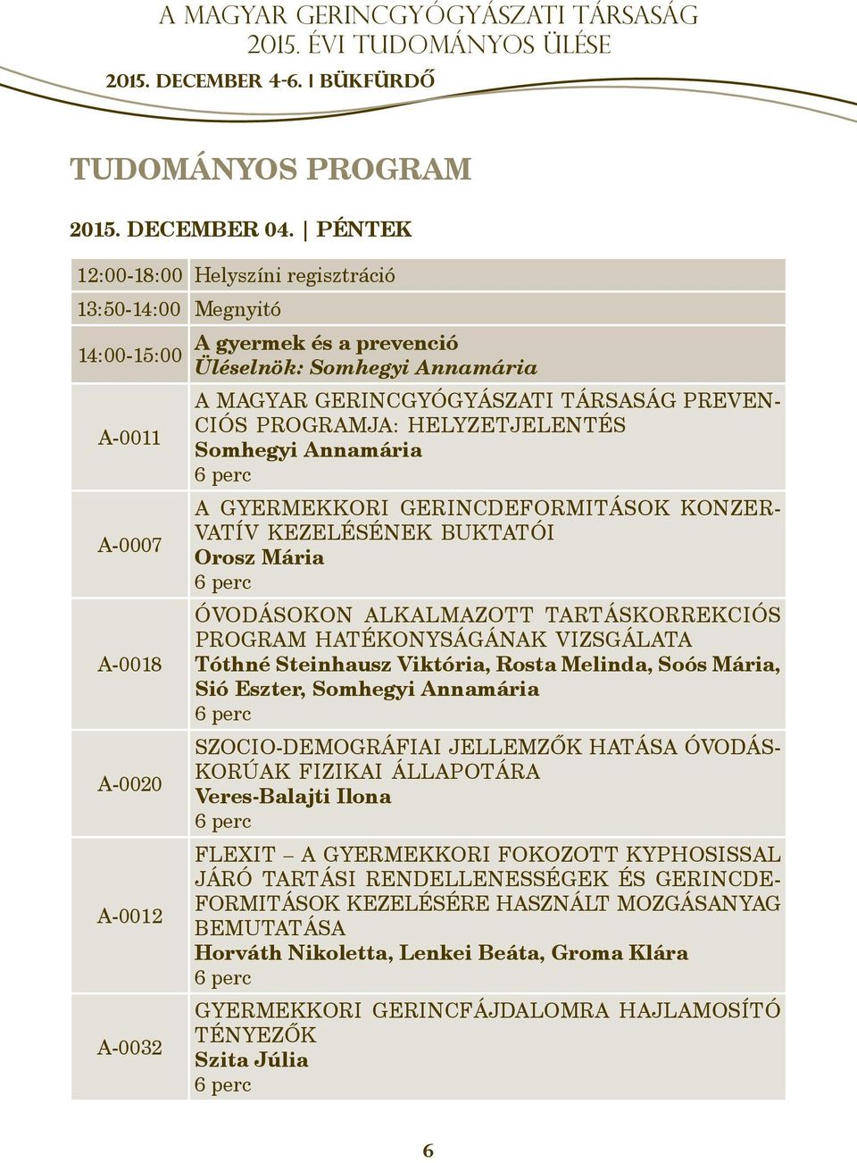 Társaság prevenciós programja: helyzetjelentés Somhegyi Annamária A gyermekkori gerincdeformitások konzervatív kezelésének buktatói Orosz Mária Óvodásokon alkalmazott tartáskorrekciós program