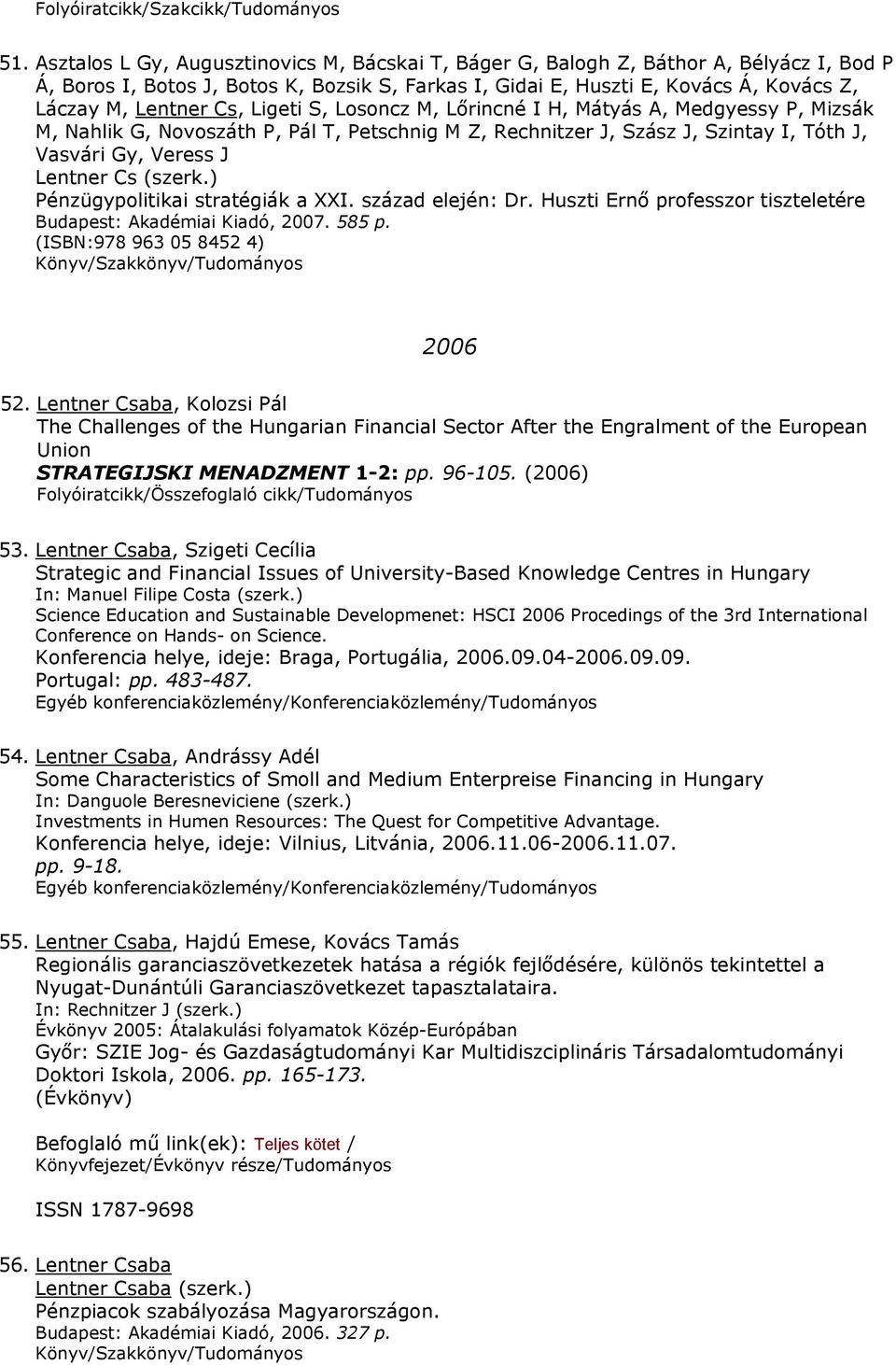 (szerk.) Pénzügypolitikai stratégiák a XXI. század elején: Dr. Huszti Ernő professzor tiszteletére Budapest: Akadémiai Kiadó, 2007. 585 p. (ISBN:978 963 05 8452 4) Könyv/Szakkönyv/Tudományos 2006 52.