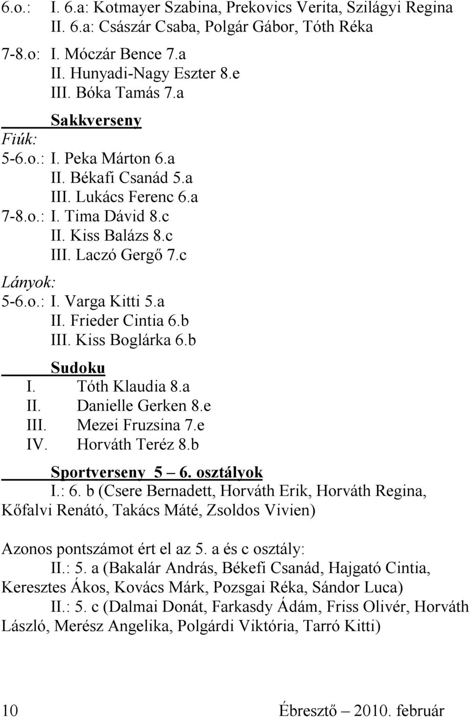 b III. Kiss Boglárka 6.b Sudoku I. Tóth Klaudia 8.a II. Danielle Gerken 8.e III. Mezei Fruzsina 7.e IV. Horváth Teréz 8.b Sportverseny 5 6. osztályok I.: 6.