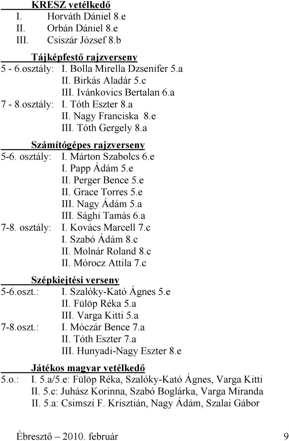 e III. Nagy Ádám 5.a III. Sághi Tamás 6.a 7-8. osztály: I. Kovács Marcell 7.c I. Szabó Ádám 8.c II. Molnár Roland 8.c II. Mórocz Attila 7.c Szépkiejtési verseny 5-6.oszt.: I. Szalóky-Kató Ágnes 5.