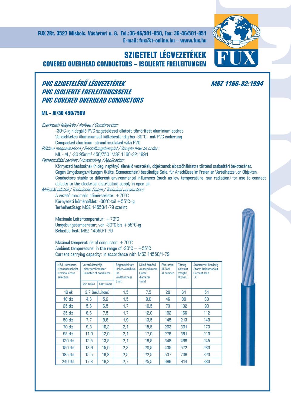 Bestellungsbeispiel / Sample how to order: ML - AI / -30 95mm 2 450/750 MSZ 1166-32:1994 Felhasználási terület / Anwendung / Application: Környezeti hatásoknak (hideg, napfény) ellenálló vezetékek,