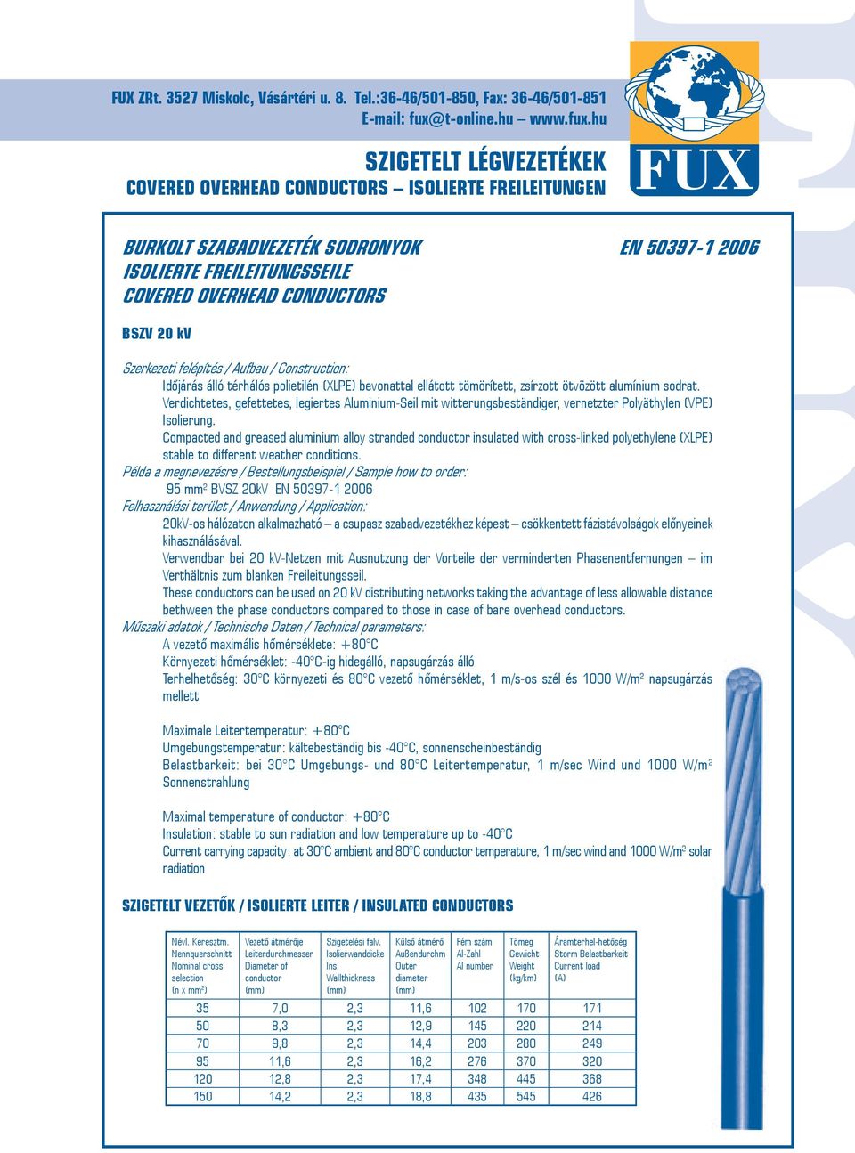 Compacted and greased aluminium alloy stranded conductor insulated with cross-linked polyethylene (XLPE) stable to different weather conditions.