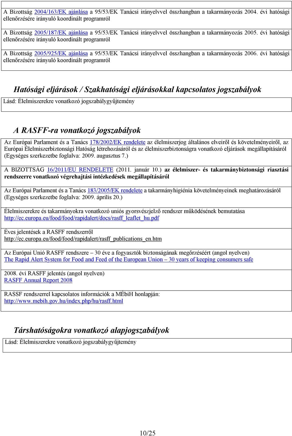 évi hatósági ellenőrzésére irányuló koordinált programról A Bizottság 2005/925/EK ajánlása a 95/53/EK Tanácsi irányelvvel összhangban a takarmányozás 2006.