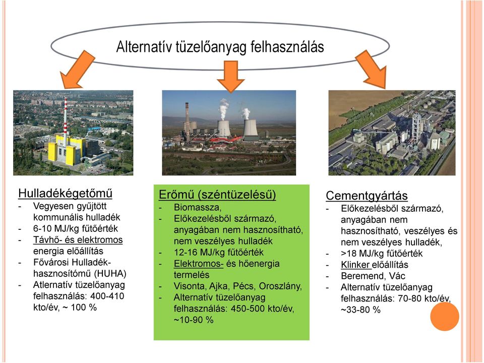 12-16 MJ/kg fűtőérték - Elektromos- és hőenergia termelés - Visonta, Ajka, Pécs, Oroszlány, - Alternatív tüzelőanyag felhasználás: 450-500 kto/év, ~10-90 % Cementgyártás - Előkezelésből