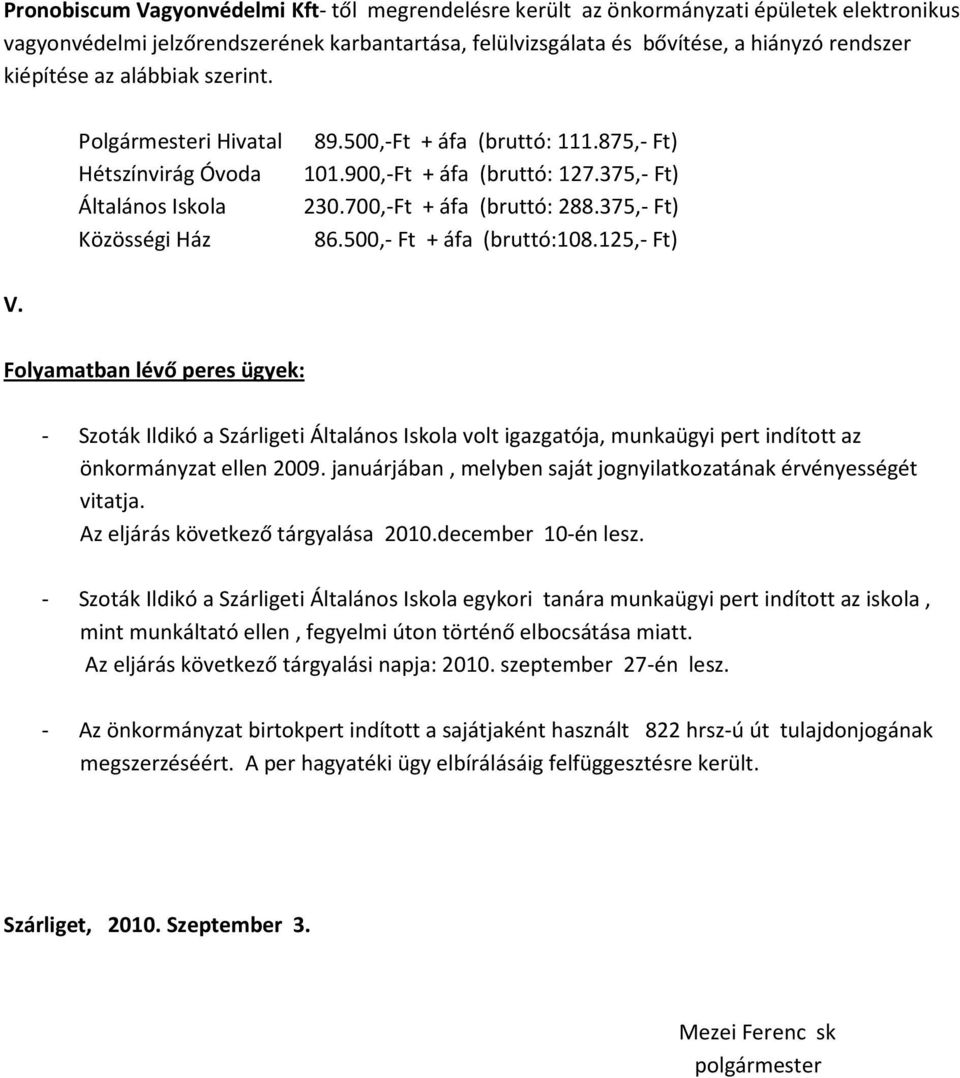 375,- Ft) Közösségi Ház 86.500,- Ft + áfa (bruttó:108.125,- Ft) V.