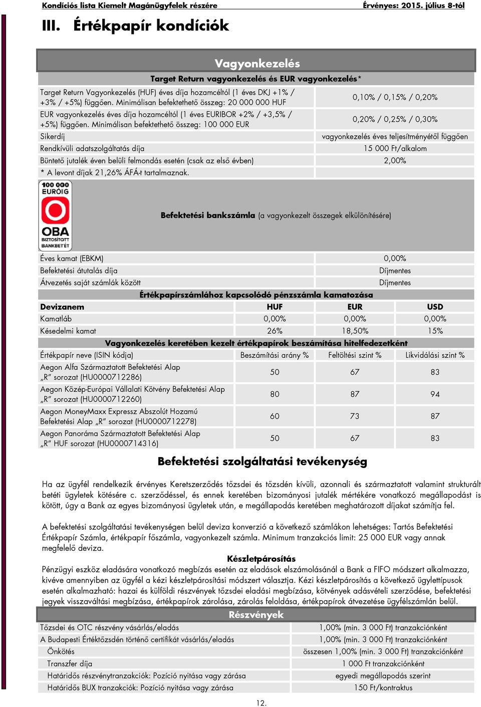 Minimálisan befektethető összeg: 100 000 EUR Sikerdíj Rendkívüli adatszolgáltatás díja 0,10% / 0,15% / 0,20% 0,20% / 0,25% / 0,30% vagyonkezelés éves teljesítményétől függően 15 000 Ft/alkalom