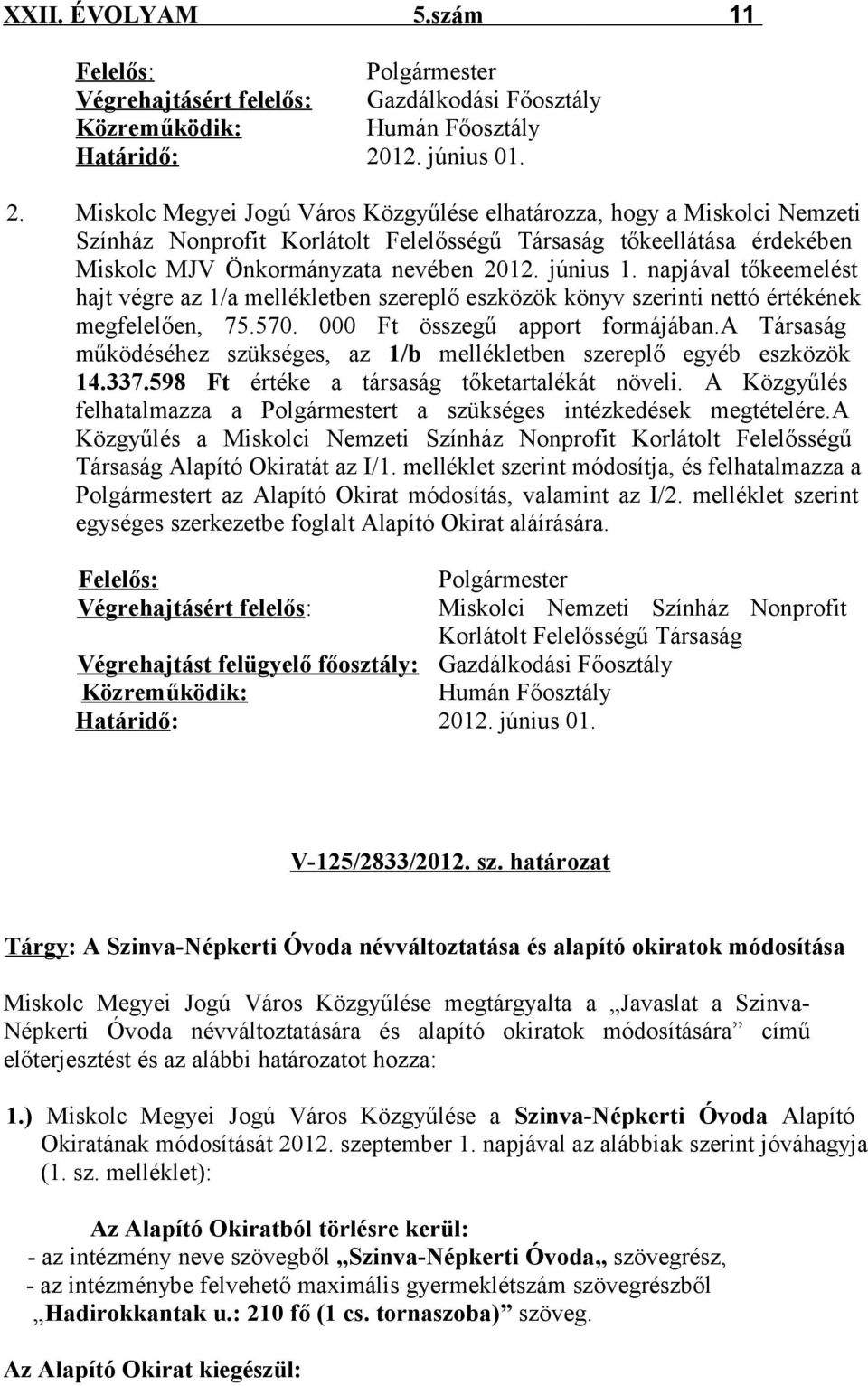 Miskolc Megyei Jogú Város Közgyűlése elhatározza, hogy a Miskolci Nemzeti Színház Nonprofit Korlátolt Felelősségű Társaság tőkeellátása érdekében Miskolc MJV Önkormányzata nevében 2012. június 1.