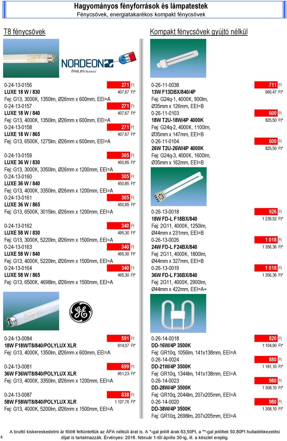 0-26-11-0103 600 Ft Fej: G13, 4000K, 1350lm, Ø26mm x 600mm, EEI=A 18W T2U-18W/4P 4000K 825,50 Ft* 0-24-13-0158 271 Ft Fej: G24q-2, 4000K, 1100lm, LUXE 18 W / 865 407,67 Ft* Ø35mm x 147mm, EEI=B Fej: