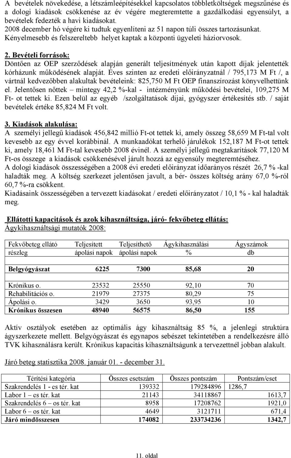 Éves szinten az eredeti előirányzatnál / 795,173 M Ft /, a vártnál kedvezőbben alakultak bevételeink: 825,750 M Ft OEP finanszírozást könyvelhettünk el.