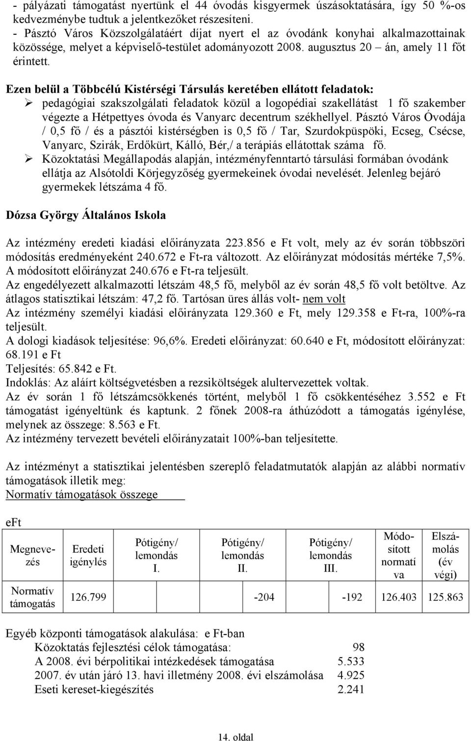 Ezen belül a Többcélú Kistérségi Társulás keretében ellátott feladatok: pedagógiai szakszolgálati feladatok közül a logopédiai szakellátást 1 fő szakember végezte a Hétpettyes óvoda és Vanyarc