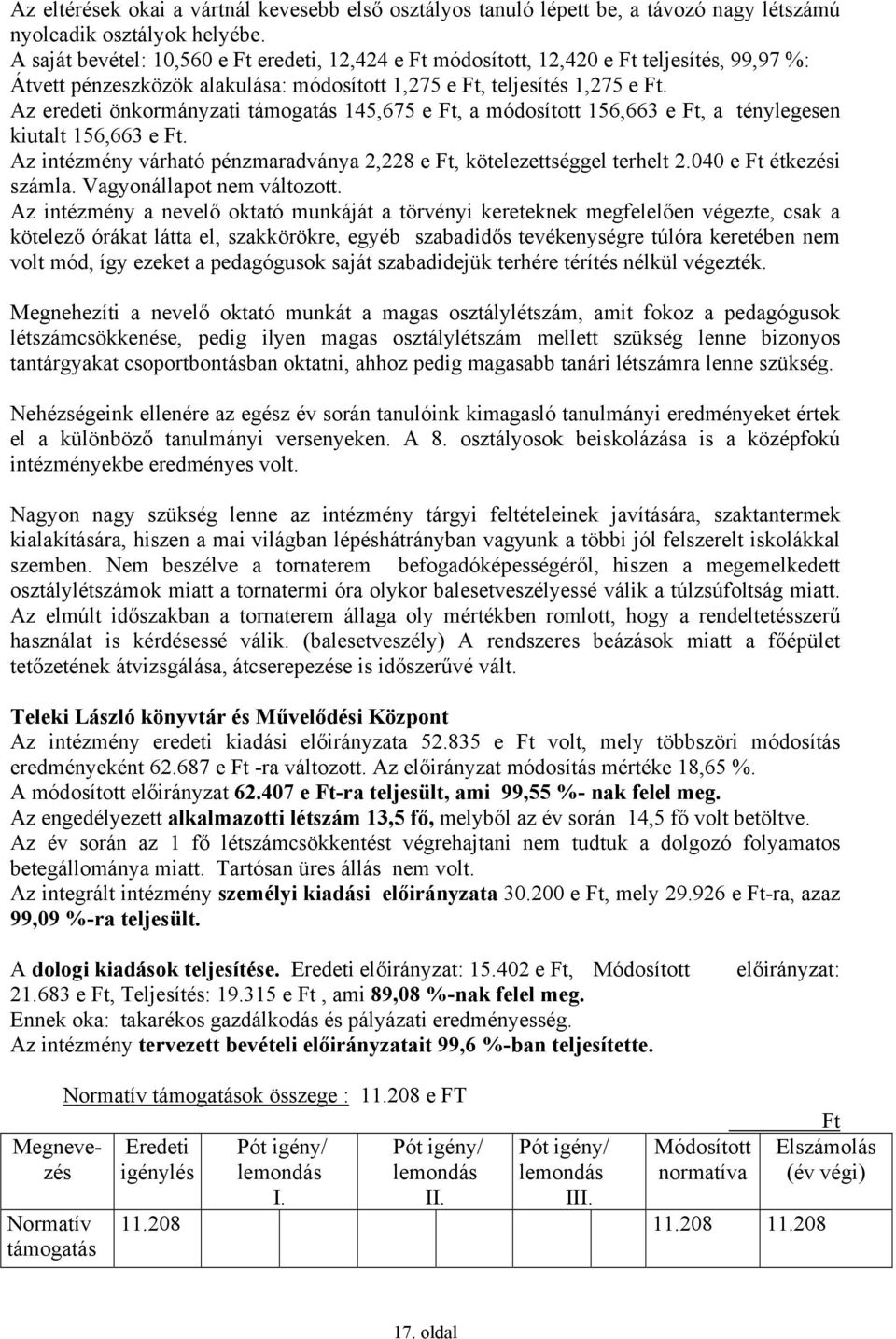 Az eredeti önkormányzati támogatás 145,675 e Ft, a módosított 156,663 e Ft, a ténylegesen kiutalt 156,663 e Ft. Az intézmény várható pénzmaradványa 2,228 e Ft, kötelezettséggel terhelt 2.