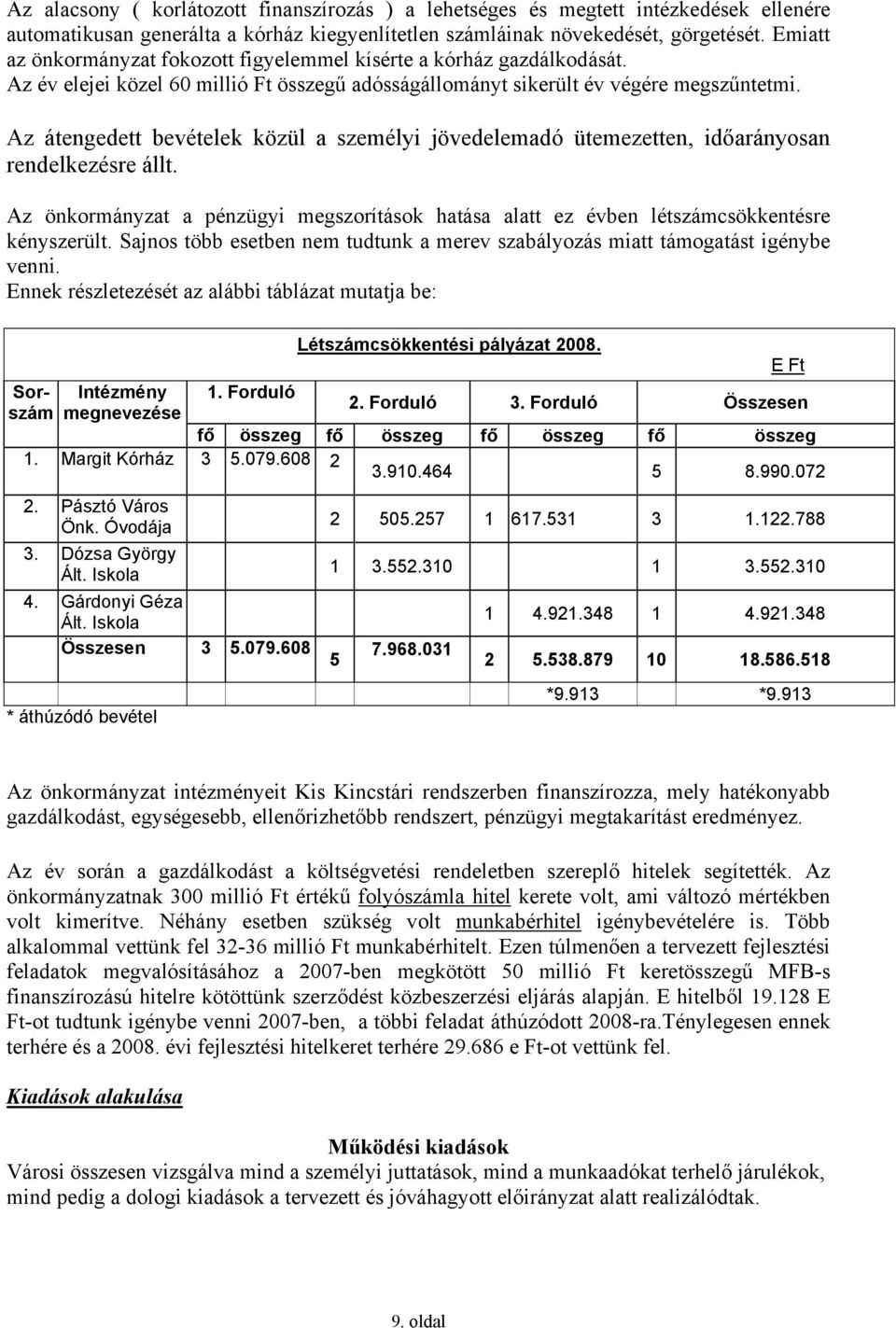 Az átengedett bevételek közül a személyi jövedelemadó ütemezetten, időarányosan rendelkezésre állt. Az önkormányzat a pénzügyi megszorítások hatása alatt ez évben létszámcsökkentésre kényszerült.