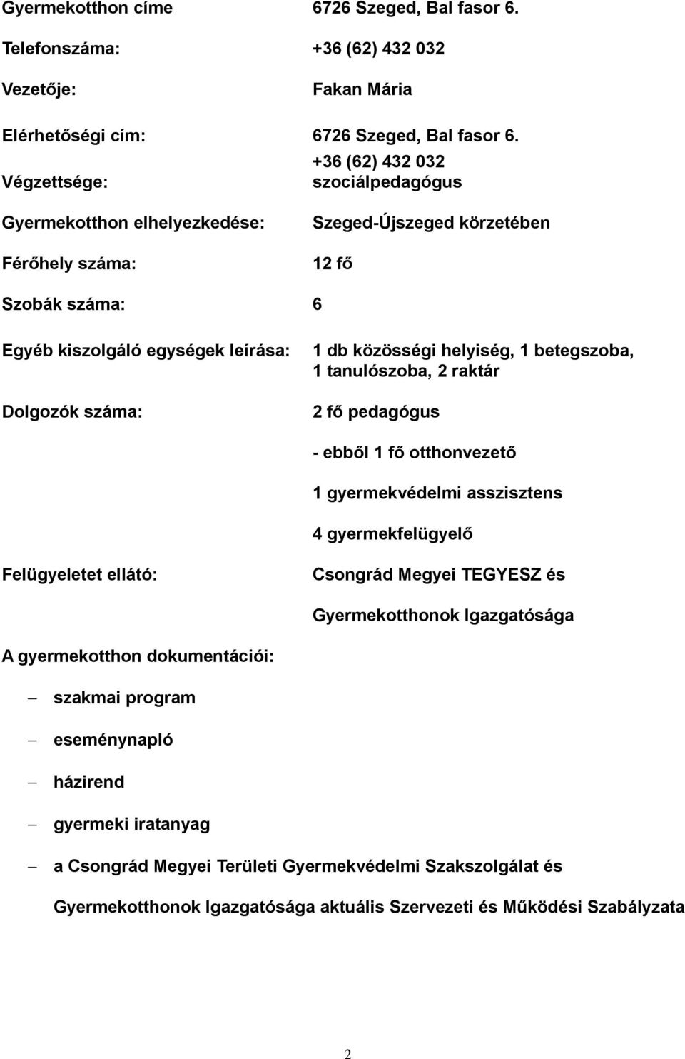 db közösségi helyiség, 1 betegszoba, 1 tanulószoba, 2 raktár 2 fő pedagógus - ebből 1 fő otthonvezető 1 gyermekvédelmi asszisztens 4 gyermekfelügyelő Felügyeletet ellátó: Csongrád Megyei TEGYESZ