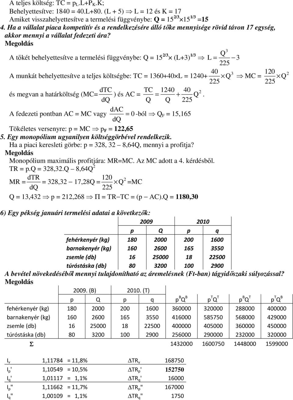 A tőkét behelyettesítve a termelési függvénybe: Q 15 / (L+) 1/ Q L 5 A munkát behelyettesítve a teljes költségbe: TC 160+40 L 140+ 40 10 Q MC Q 5 5 dtc TC 140 40 és megvan a határköltség (MC ) és AC