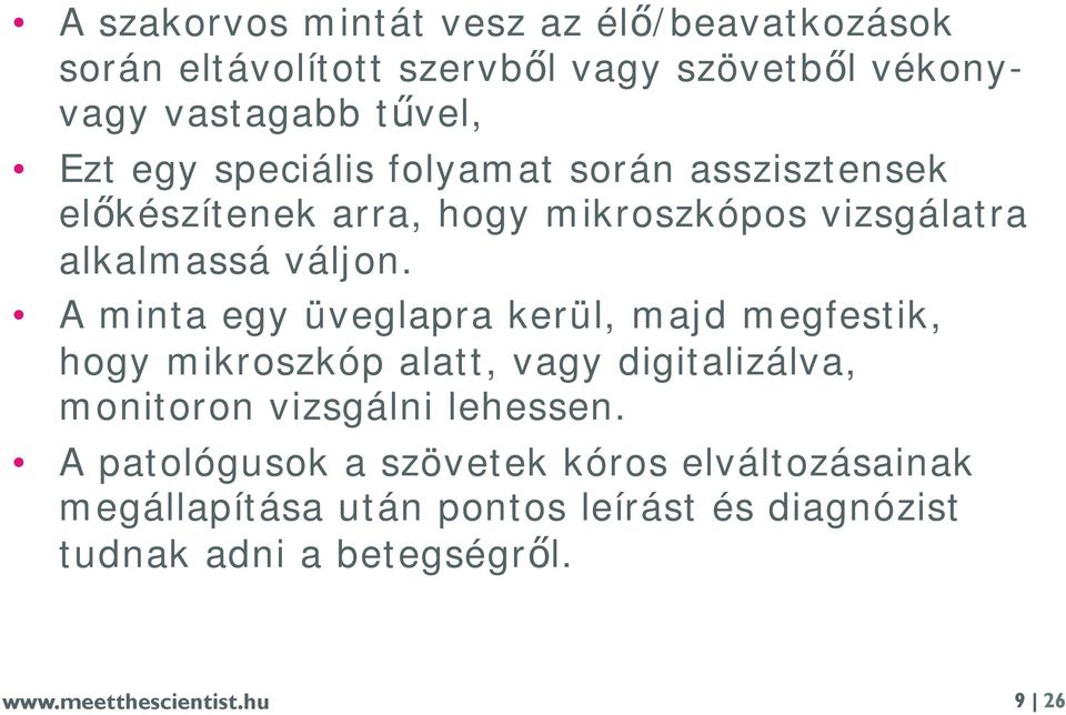 folyamat során asszisztensek előkészítenek arra, hogy mikroszkópos vizsgálatra alkalmassá váljon.