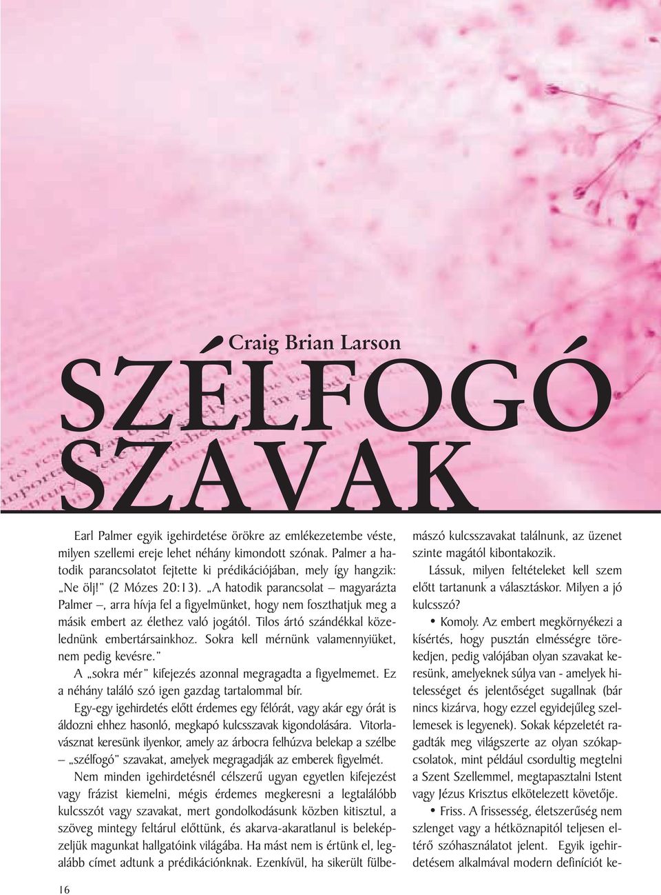 A hatodik parancsolat magyarázta Palmer, arra hívja fel a figyelmünket, hogy nem foszthatjuk meg a másik embert az élethez való jogától. Tilos ártó szándékkal közelednünk embertársainkhoz.