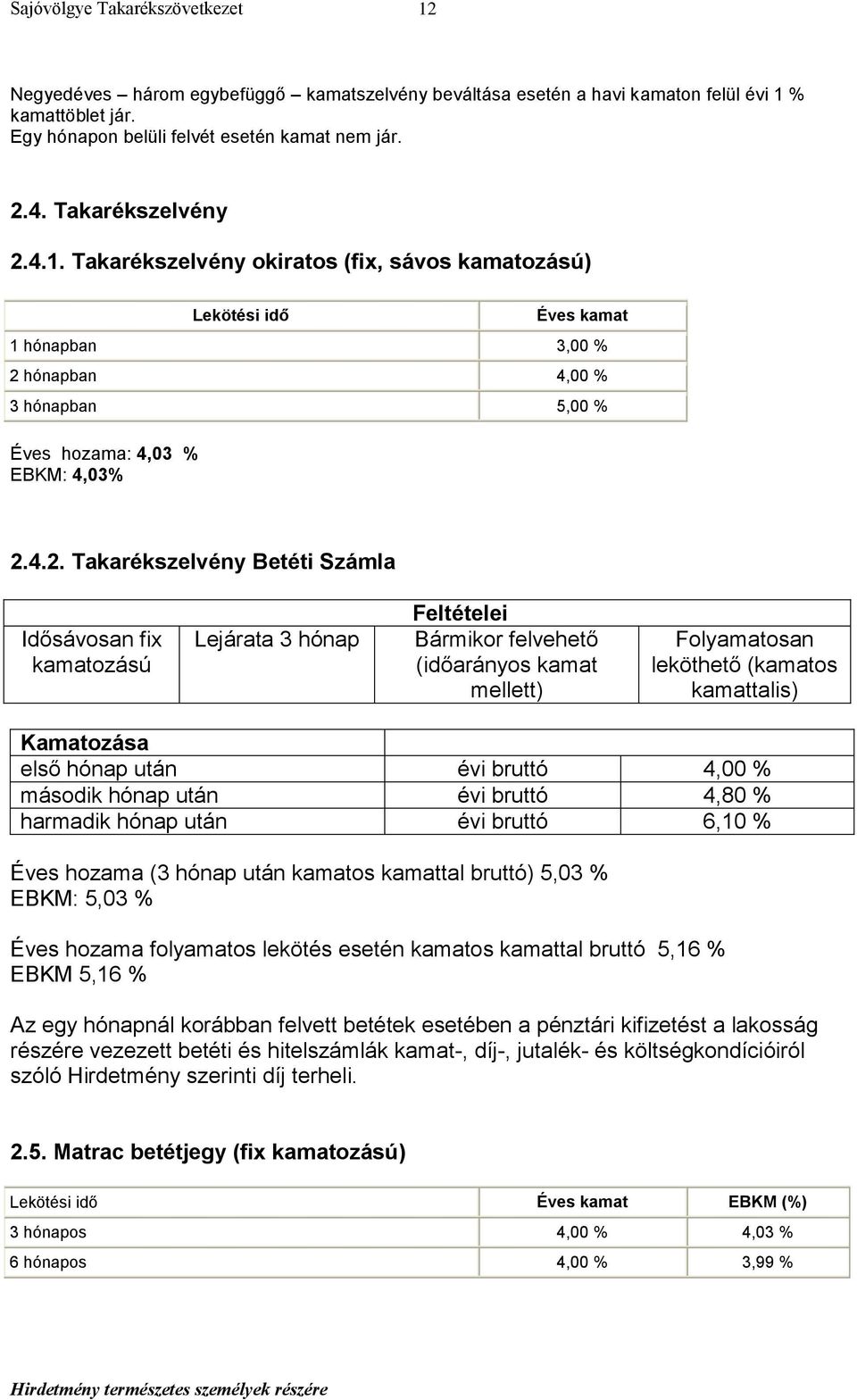 hónap után évi bruttó 4,00 % második hónap után évi bruttó 4,80 % harmadik hónap után évi bruttó 6,10 % Éves hozama (3 hónap után kamatos kamattal bruttó) 5,03 % EBKM: 5,03 % Éves hozama folyamatos