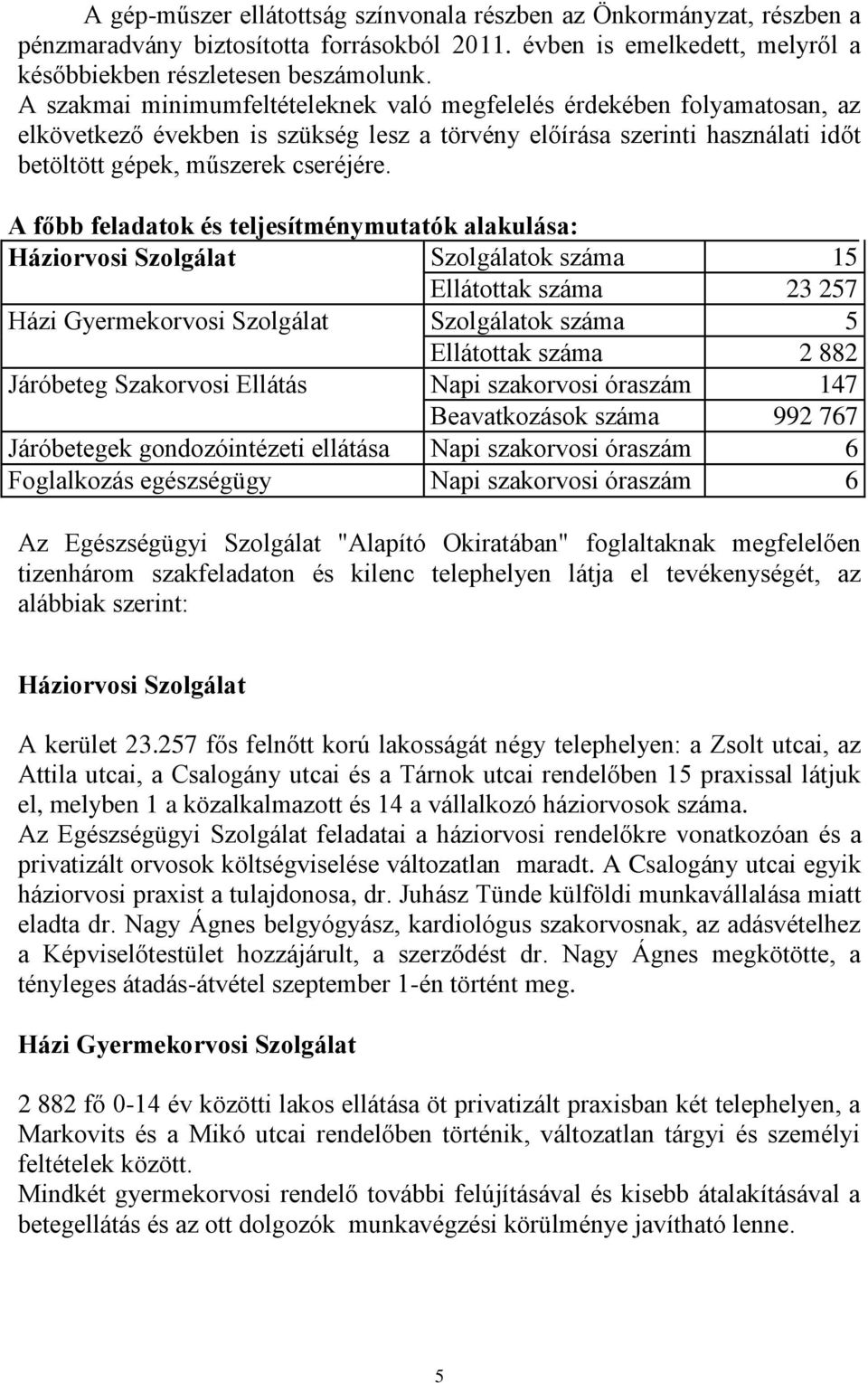 A főbb feladatok és teljesítménymutatók alakulása: Háziorvosi Szolgálat Szolgálatok száma 15 Ellátottak száma 23 257 Házi Gyermekorvosi Szolgálat Szolgálatok száma 5 Ellátottak száma 2 882 Járóbeteg