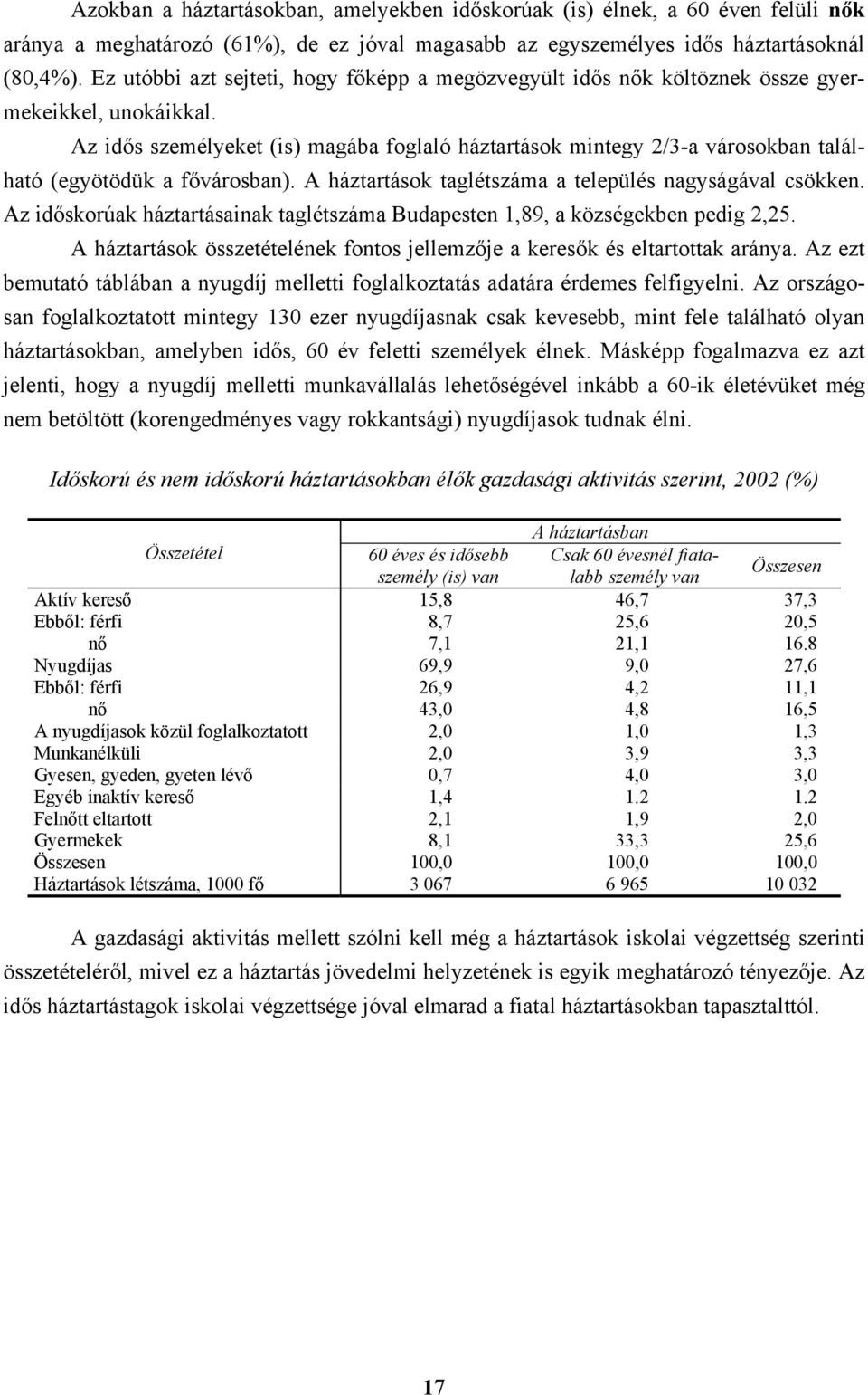 Az idős személyeket (is) magába foglaló háztartások mintegy 2/3-a városokban található (egyötödük a fővárosban). A háztartások taglétszáma a település nagyságával csökken.