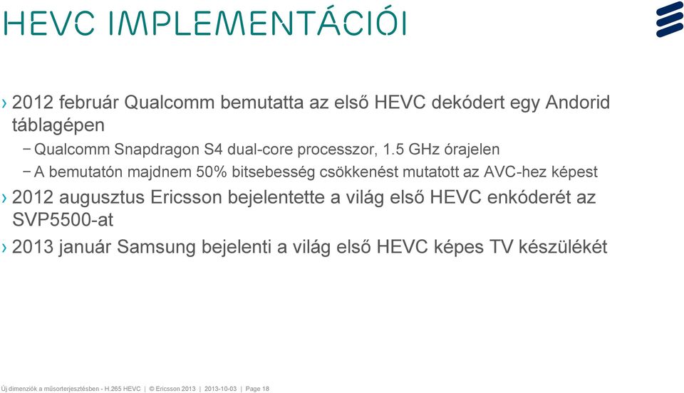 5 GHz órajelen A bemutatón majdnem 50% bitsebesség csökkenést mutatott az AVC-hez képest 2012 augusztus Ericsson