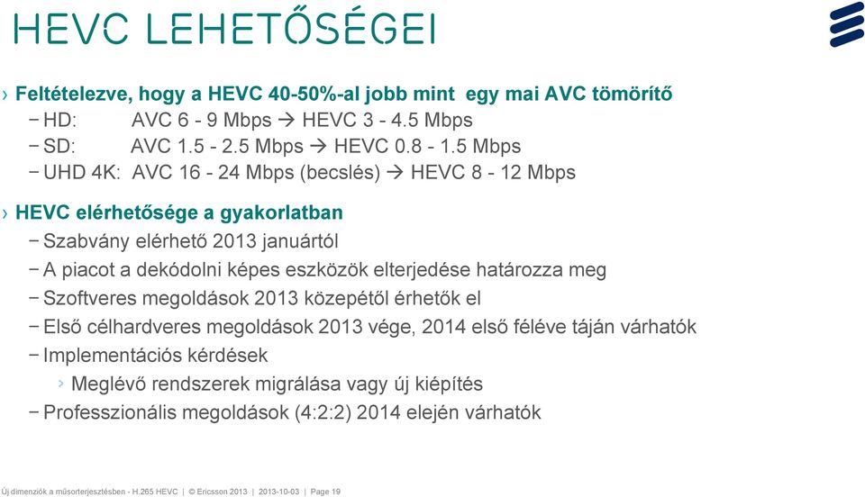 elterjedése határozza meg Szoftveres megoldások 2013 közepétől érhetők el Első célhardveres megoldások 2013 vége, 2014 első féléve táján várhatók Implementációs