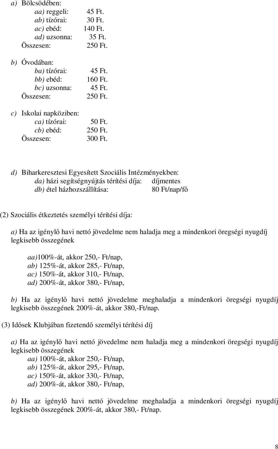 d) Biharkeresztesi Egyesített Szociális Intézményekben: da) házi segítségnyújtás térítési díja: díjmentes db) étel házhozszállítása: 80 Ft/nap/fő (2) Szociális étkeztetés személyi térítési díja: a)