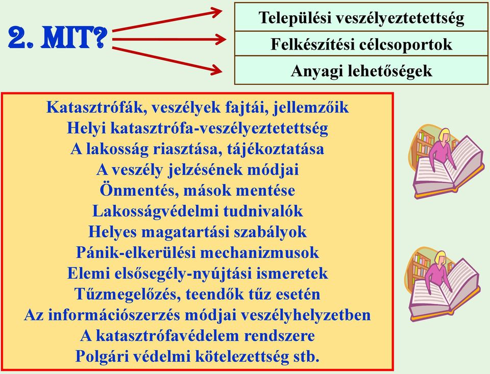 katasztrófa-veszélyeztetettség A lakosság riasztása, tájékoztatása A veszély jelzésének módjai Önmentés, mások mentése